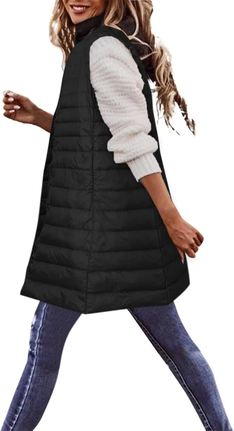 Winter Vests for Women Down Puffer Solid Round Neck 2023 Winter Light Weight Coats with Pockets Warm Down Coats