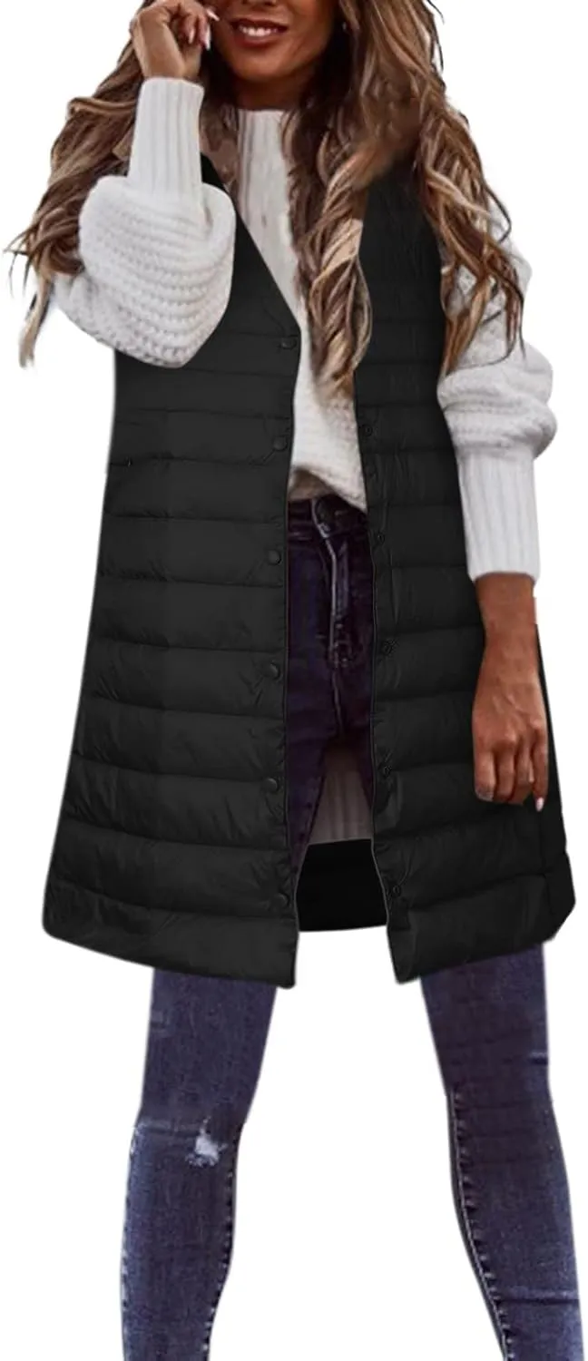 Winter Vests for Women Down Puffer Solid Round Neck 2023 Winter Light Weight Coats with Pockets Warm Down Coats