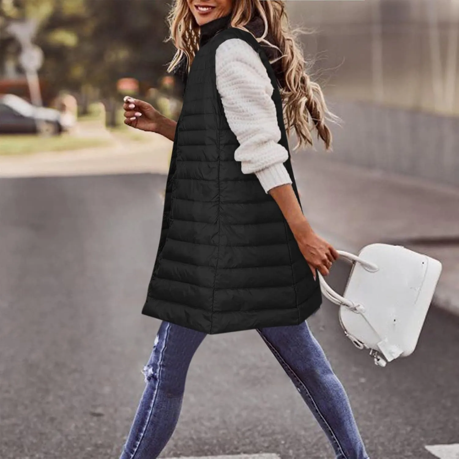 Winter Vests for Women Down Puffer Solid Round Neck 2023 Winter Light Weight Coats with Pockets Warm Down Coats