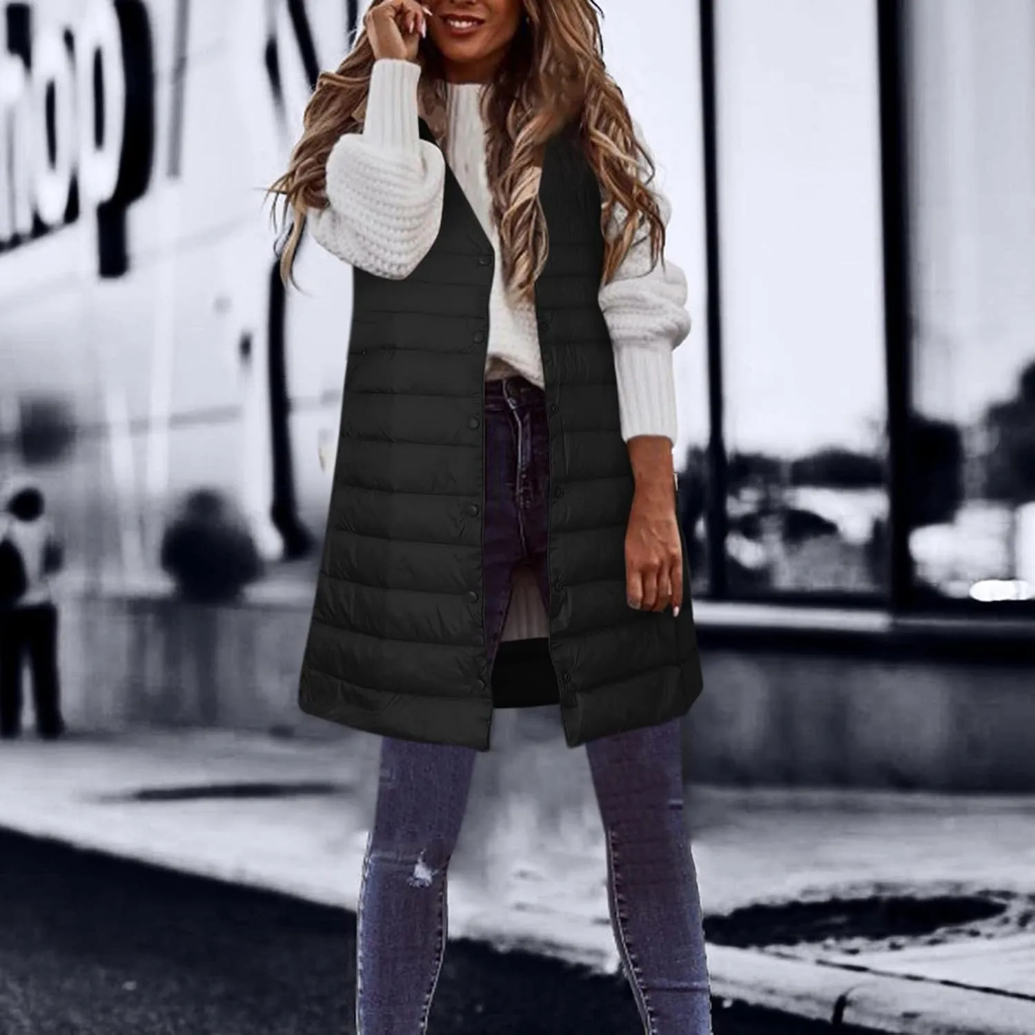 Winter Vests for Women Down Puffer Solid Round Neck 2023 Winter Light Weight Coats with Pockets Warm Down Coats
