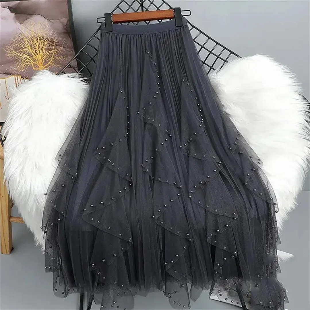 Wjnvfioo Fashion Casual High-Waisted Slimming Medium-Length Mesh Skirt Spring Sequins A- Line Skirts