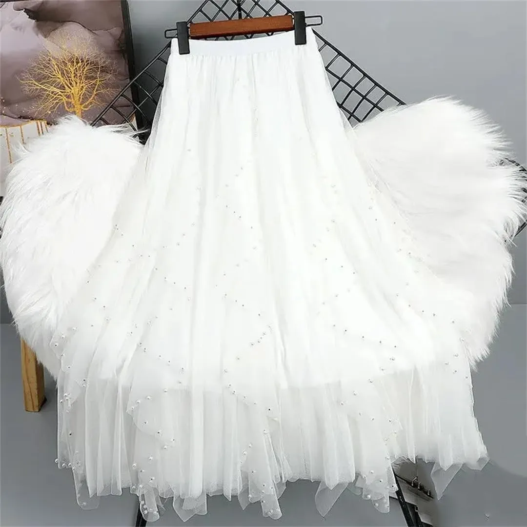 Wjnvfioo Fashion Casual High-Waisted Slimming Medium-Length Mesh Skirt Spring Sequins A- Line Skirts