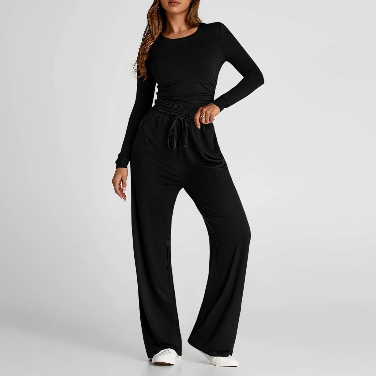 Women 2 Piece Lounge Sets Casual Knit Set Crew Neck Tops and Pants Set Baggy Yoga Loungewear Workout Athletic Outfits