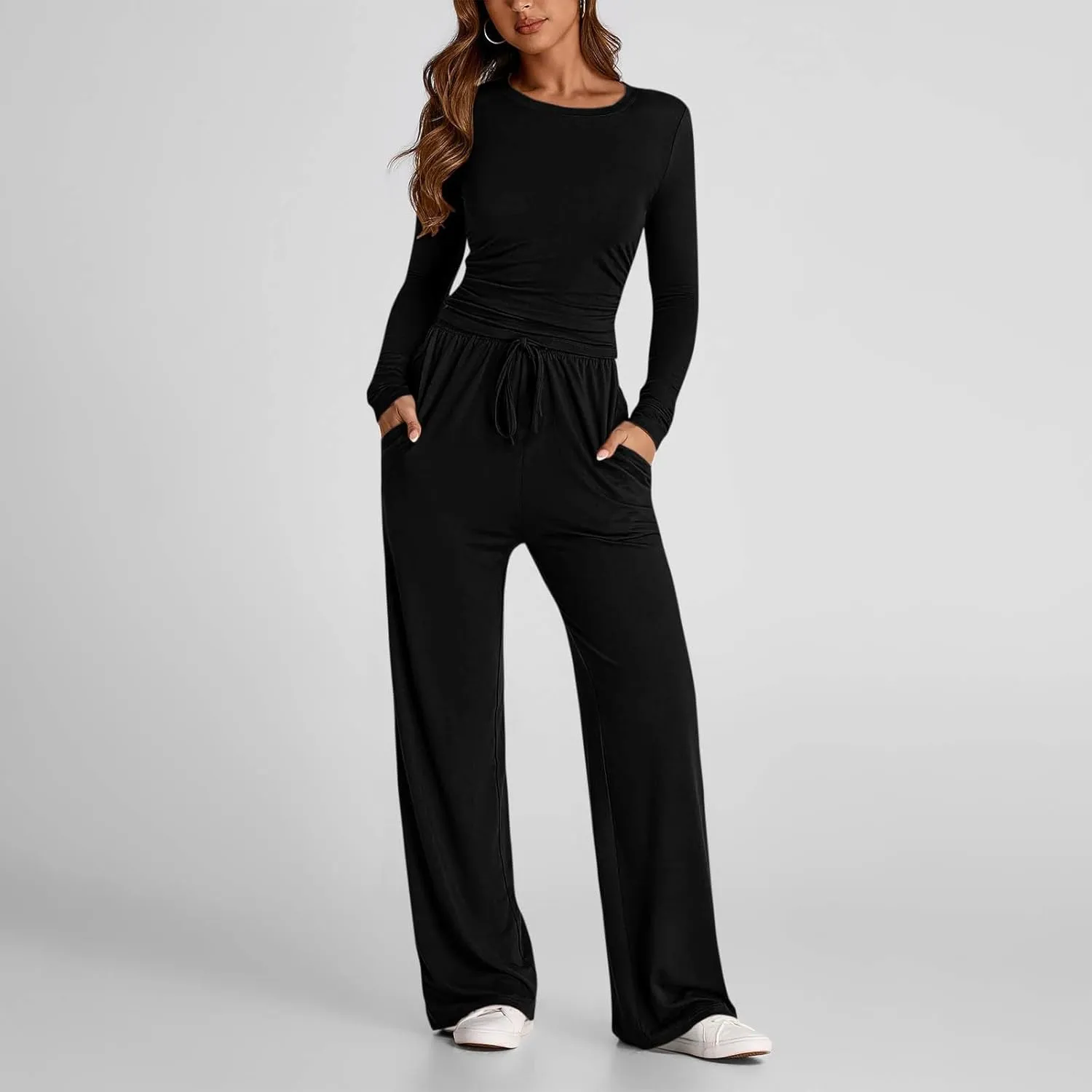 Women 2 Piece Lounge Sets Casual Knit Set Crew Neck Tops and Pants Set Baggy Yoga Loungewear Workout Athletic Outfits