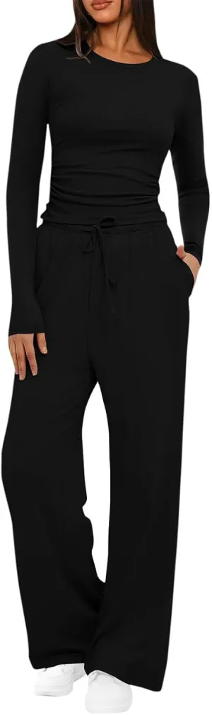 Women 2 Piece Lounge Sets Casual Knit Set Crew Neck Tops and Pants Set Baggy Yoga Loungewear Workout Athletic Outfits