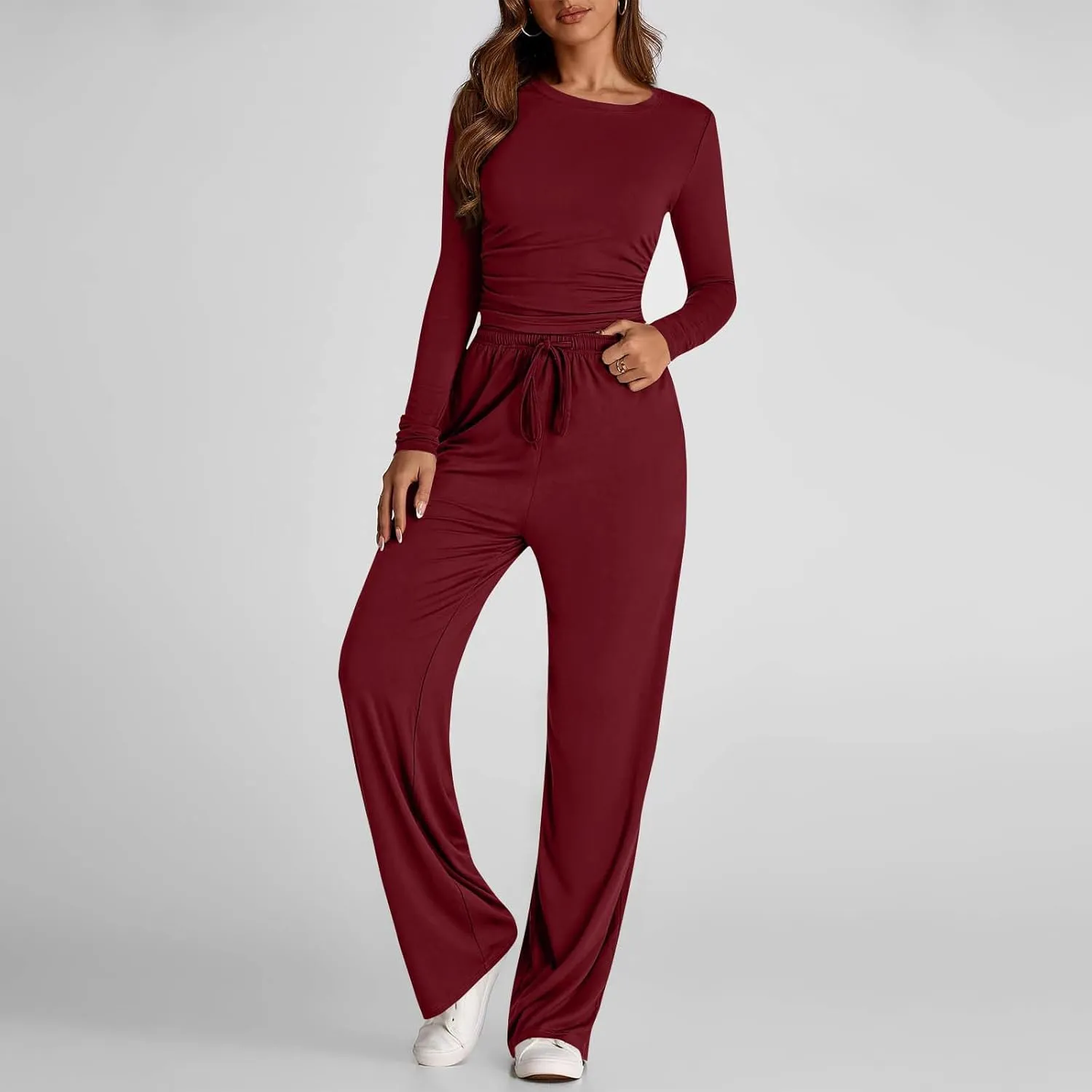 Women 2 Piece Lounge Sets Casual Knit Set Crew Neck Tops and Pants Set Baggy Yoga Loungewear Workout Athletic Outfits