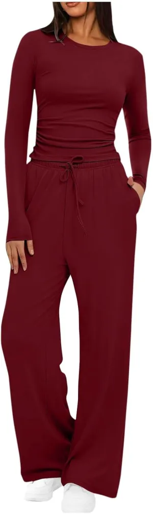 Women 2 Piece Lounge Sets Casual Knit Set Crew Neck Tops and Pants Set Baggy Yoga Loungewear Workout Athletic Outfits