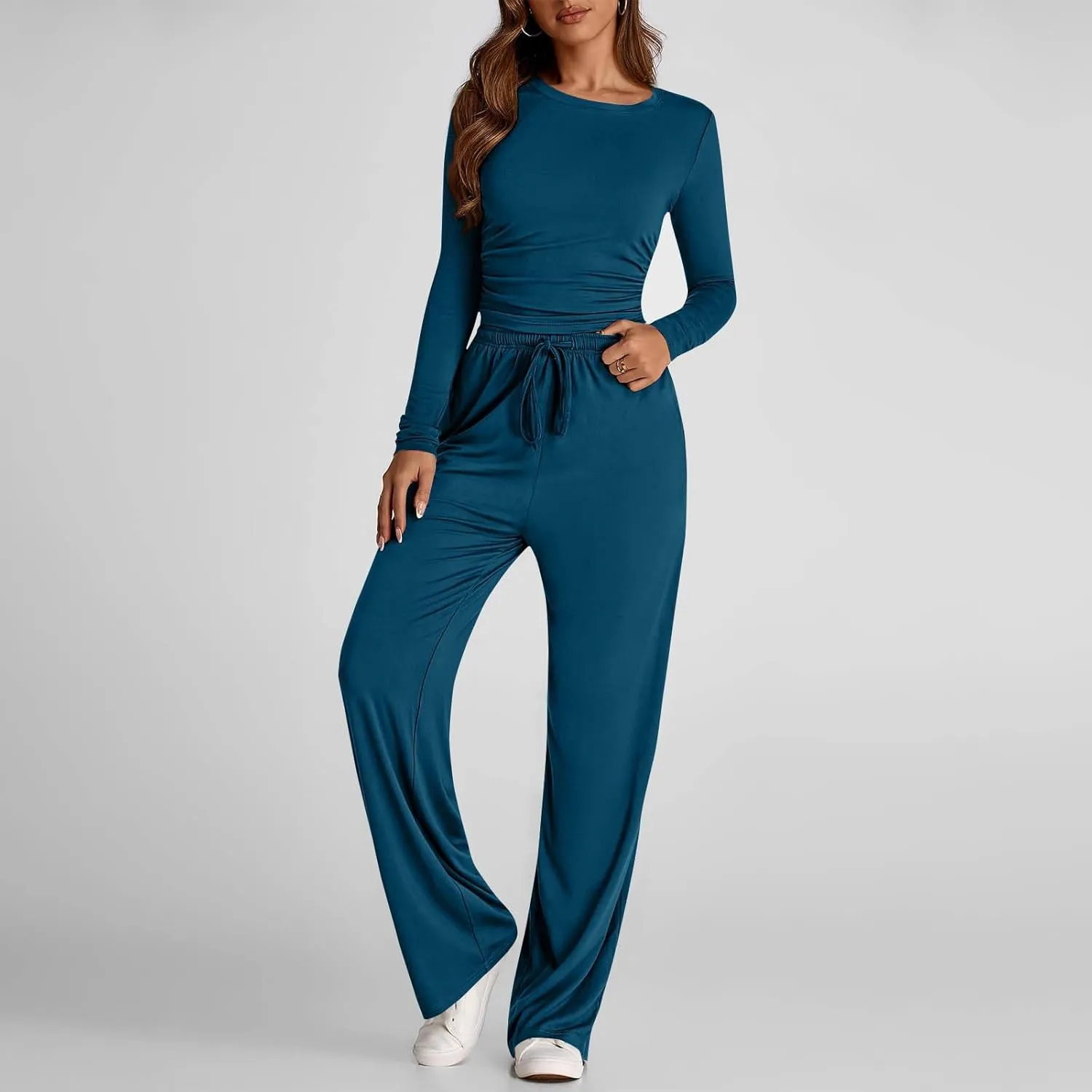 Women 2 Piece Lounge Sets Casual Knit Set Crew Neck Tops and Pants Set Baggy Yoga Loungewear Workout Athletic Outfits