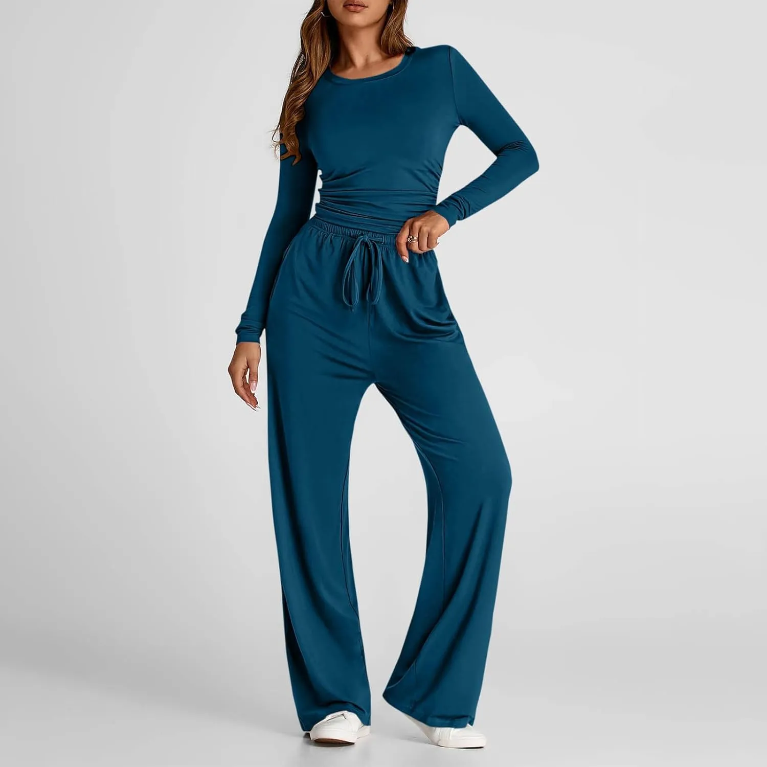 Women 2 Piece Lounge Sets Casual Knit Set Crew Neck Tops and Pants Set Baggy Yoga Loungewear Workout Athletic Outfits