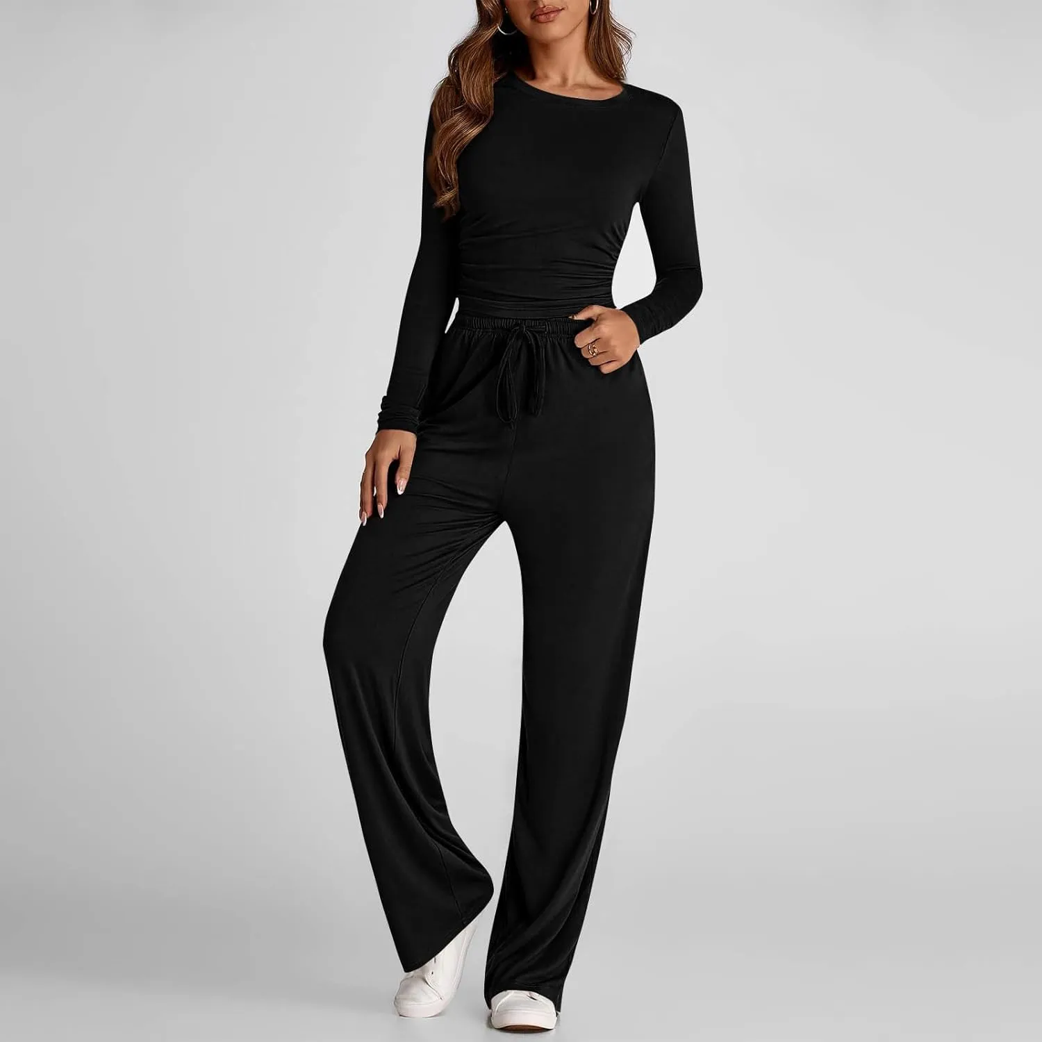 Women 2 Piece Lounge Sets Casual Knit Set Crew Neck Tops and Pants Set Baggy Yoga Loungewear Workout Athletic Outfits