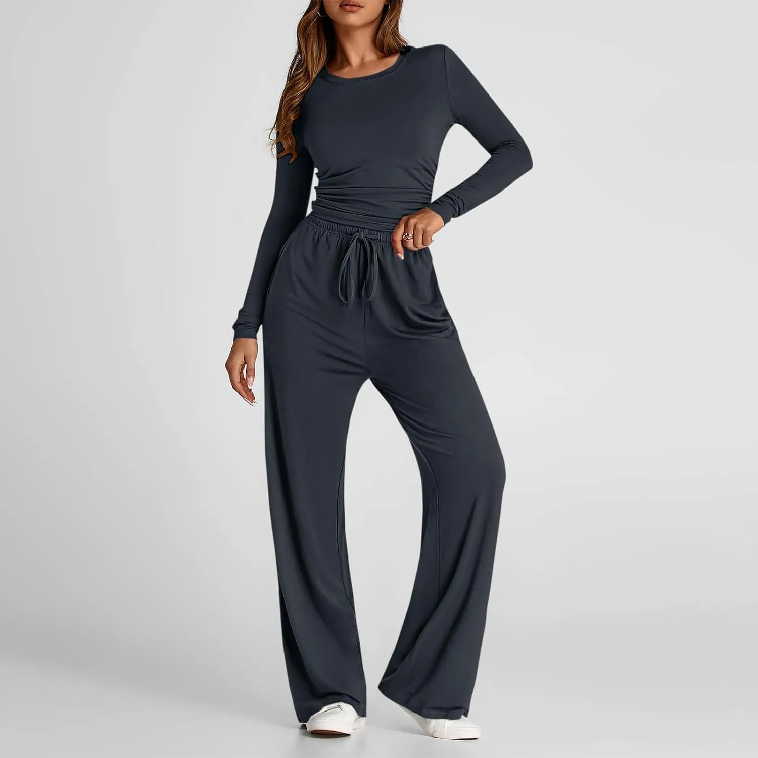 Women 2 Piece Lounge Sets Casual Knit Set Crew Neck Tops and Pants Set Baggy Yoga Loungewear Workout Athletic Outfits