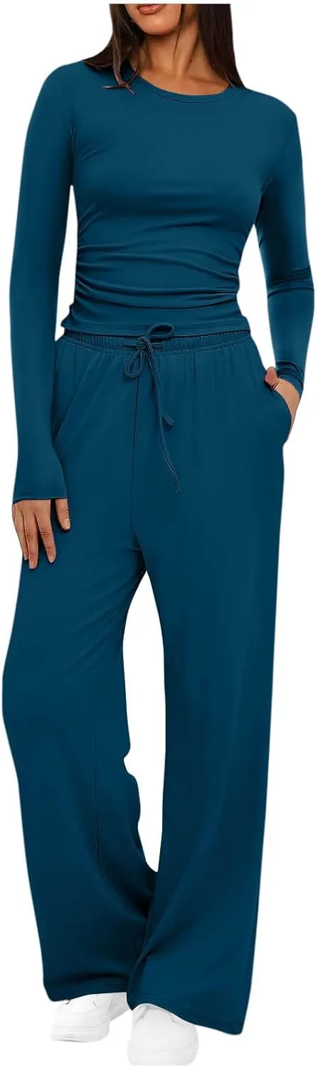 Women 2 Piece Lounge Sets Casual Knit Set Crew Neck Tops and Pants Set Baggy Yoga Loungewear Workout Athletic Outfits