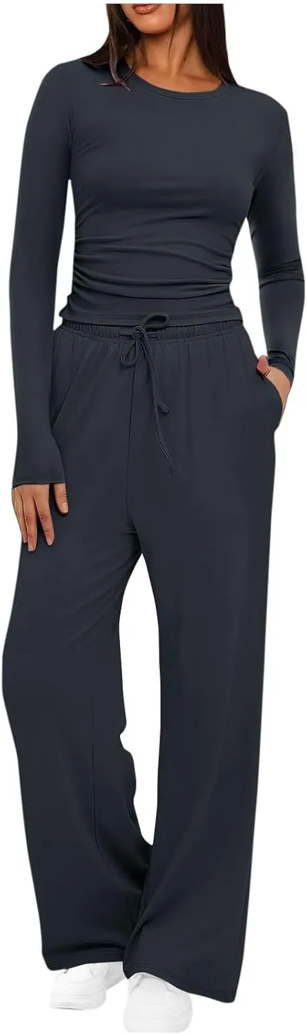 Women 2 Piece Lounge Sets Casual Knit Set Crew Neck Tops and Pants Set Baggy Yoga Loungewear Workout Athletic Outfits