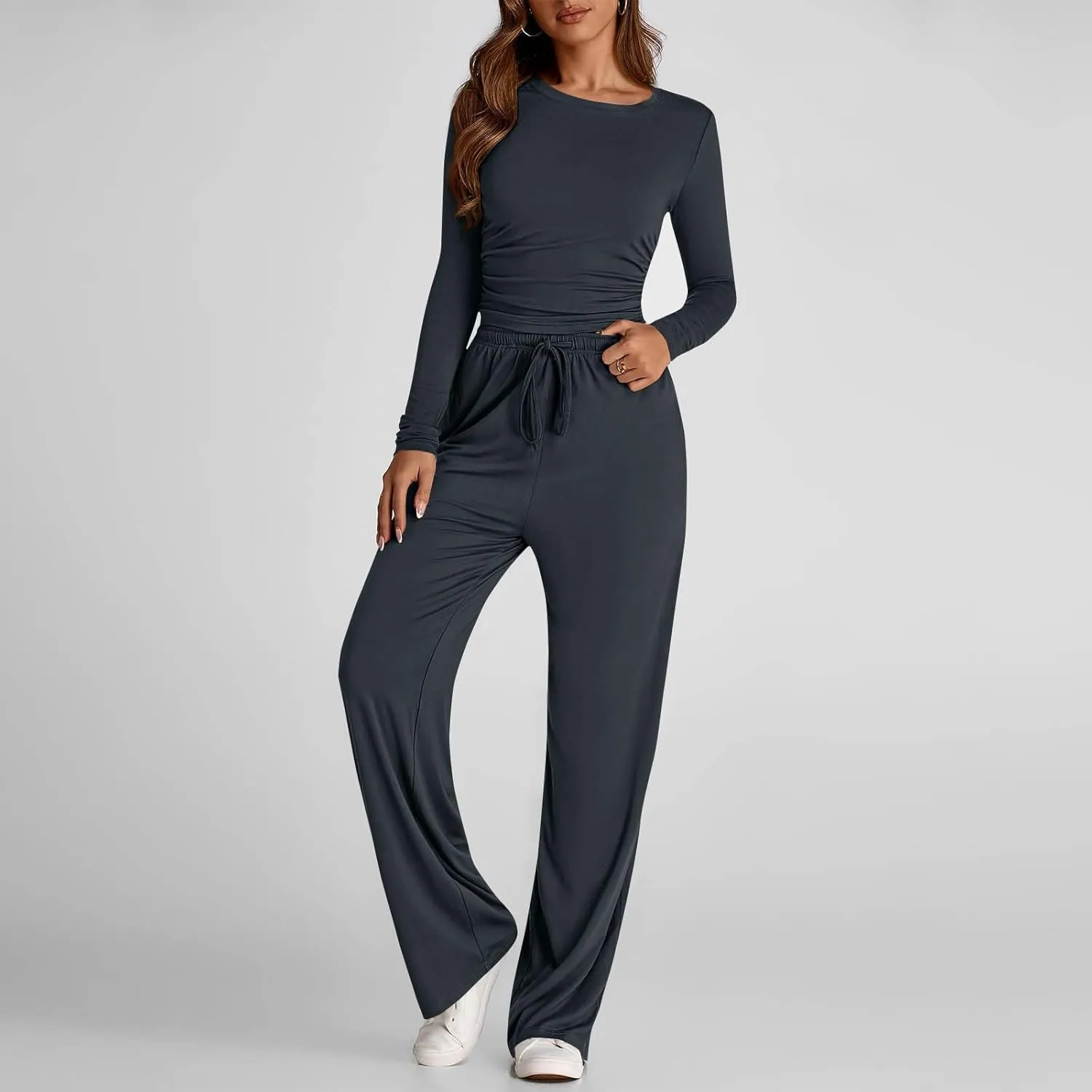 Women 2 Piece Lounge Sets Casual Knit Set Crew Neck Tops and Pants Set Baggy Yoga Loungewear Workout Athletic Outfits