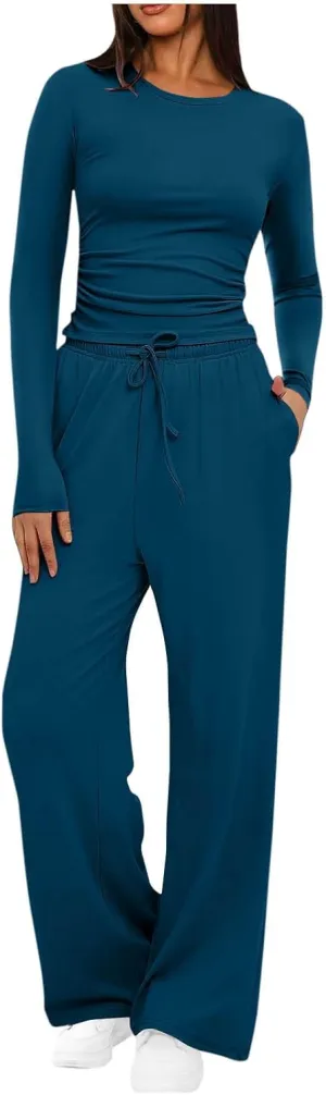 Women 2 Piece Lounge Sets Casual Knit Set Crew Neck Tops and Pants Set Baggy Yoga Loungewear Workout Athletic Outfits