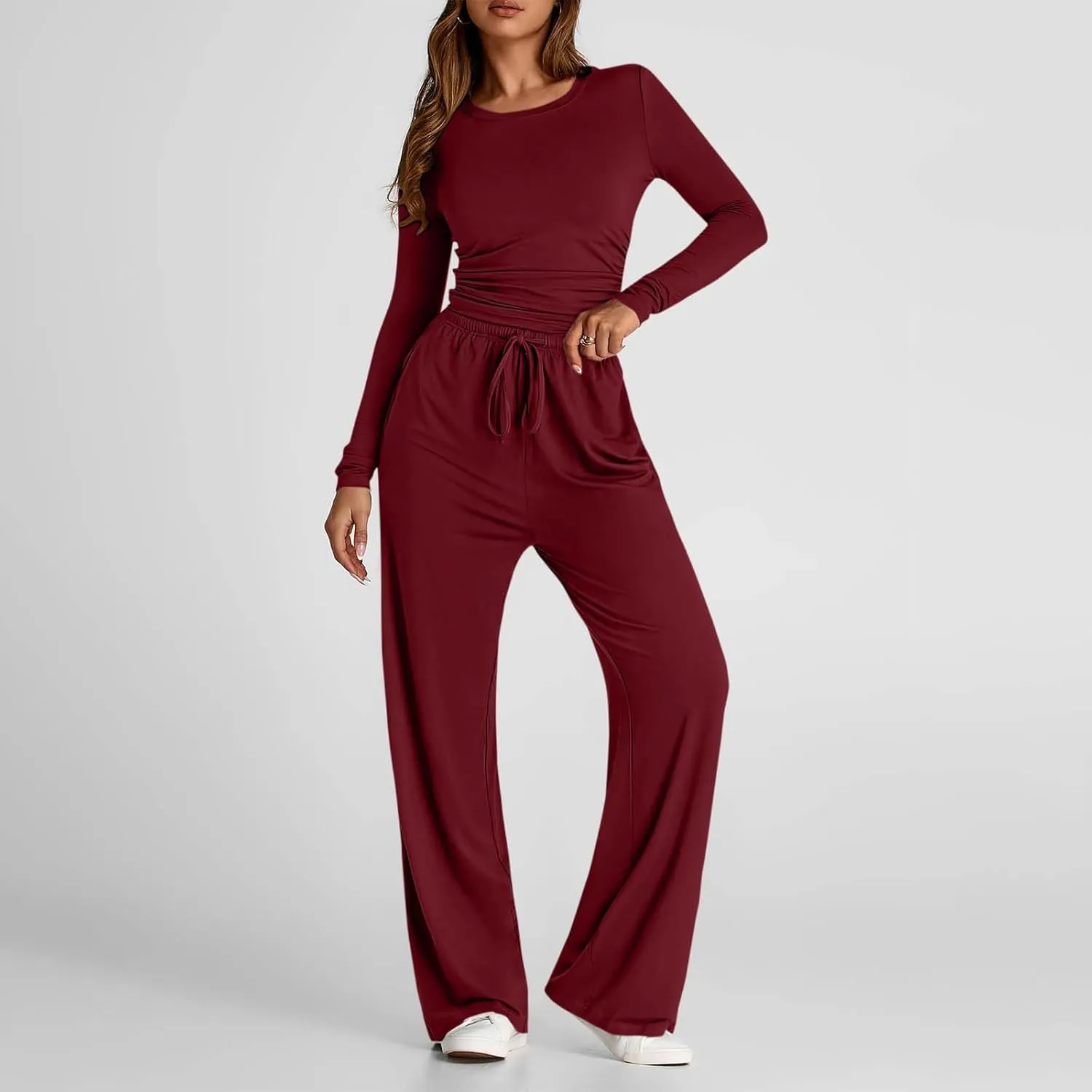 Women 2 Piece Lounge Sets Casual Knit Set Crew Neck Tops and Pants Set Baggy Yoga Loungewear Workout Athletic Outfits