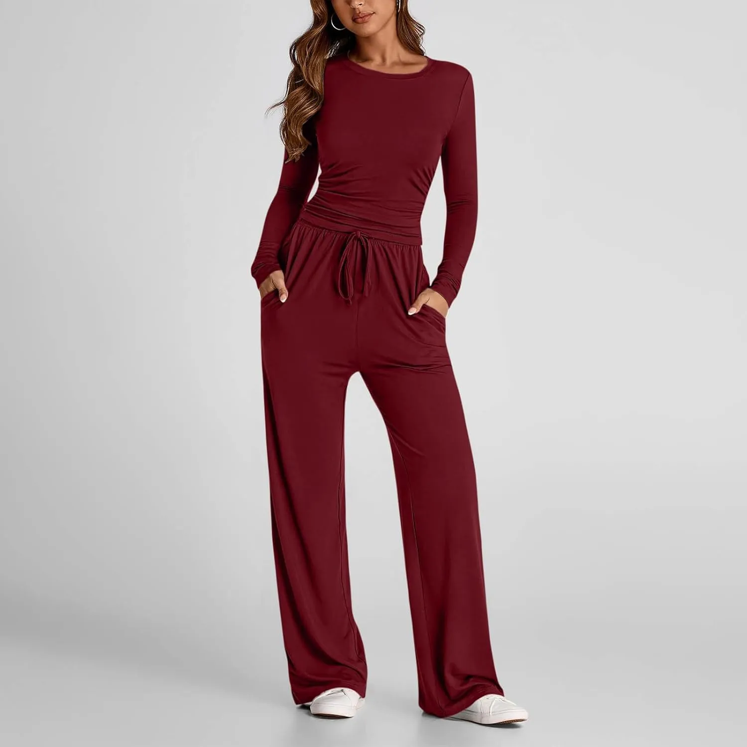 Women 2 Piece Lounge Sets Casual Knit Set Crew Neck Tops and Pants Set Baggy Yoga Loungewear Workout Athletic Outfits