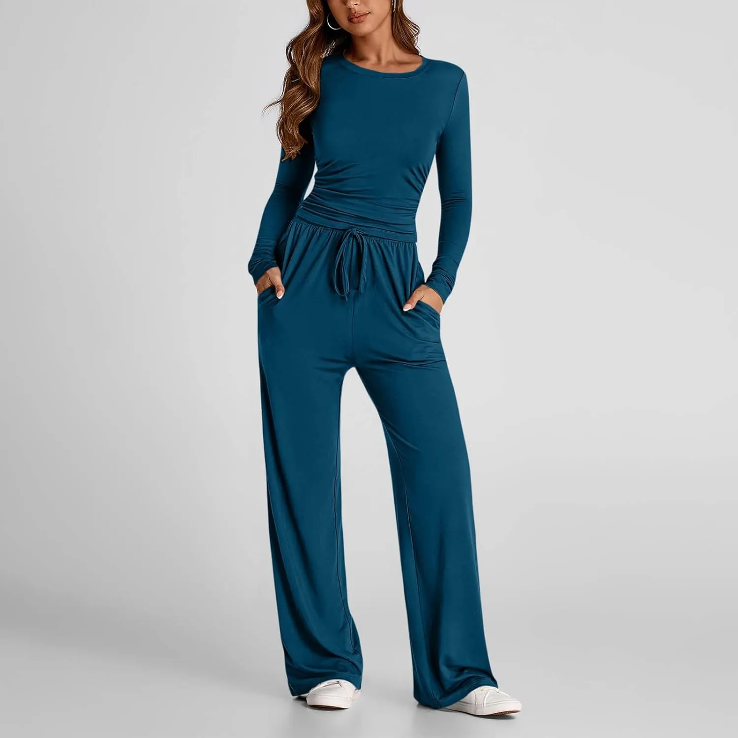 Women 2 Piece Lounge Sets Casual Knit Set Crew Neck Tops and Pants Set Baggy Yoga Loungewear Workout Athletic Outfits