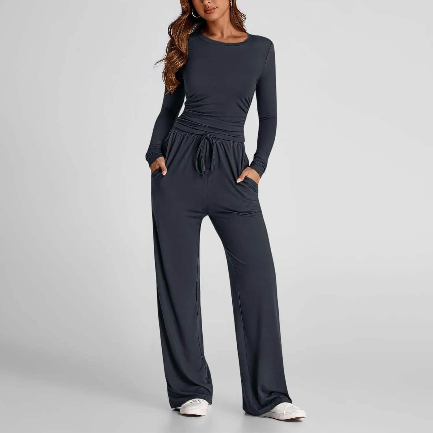 Women 2 Piece Lounge Sets Casual Knit Set Crew Neck Tops and Pants Set Baggy Yoga Loungewear Workout Athletic Outfits