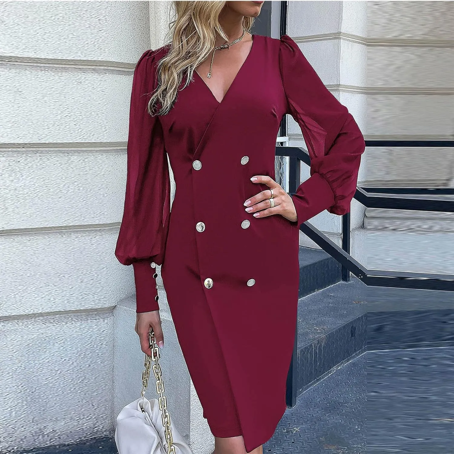 Women 2025 Sheer Long Puff Sleeve Pencil Dresses Elegant V Neck Slim Fit Midi Dress Button Office Work Dresses