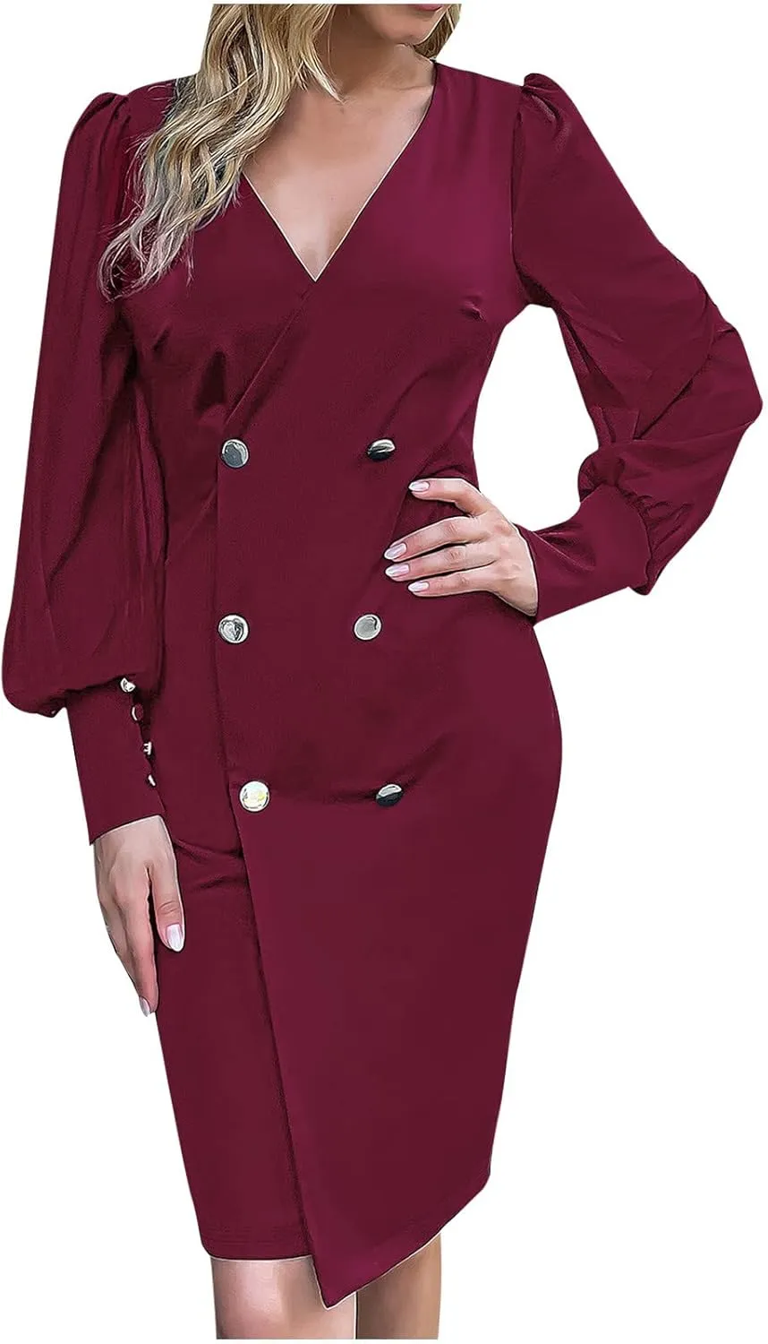 Women 2025 Sheer Long Puff Sleeve Pencil Dresses Elegant V Neck Slim Fit Midi Dress Button Office Work Dresses