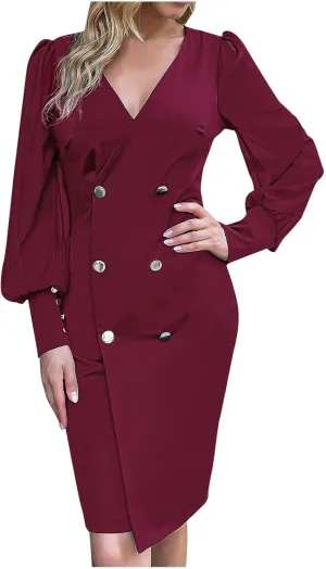 Women 2025 Sheer Long Puff Sleeve Pencil Dresses Elegant V Neck Slim Fit Midi Dress Button Office Work Dresses