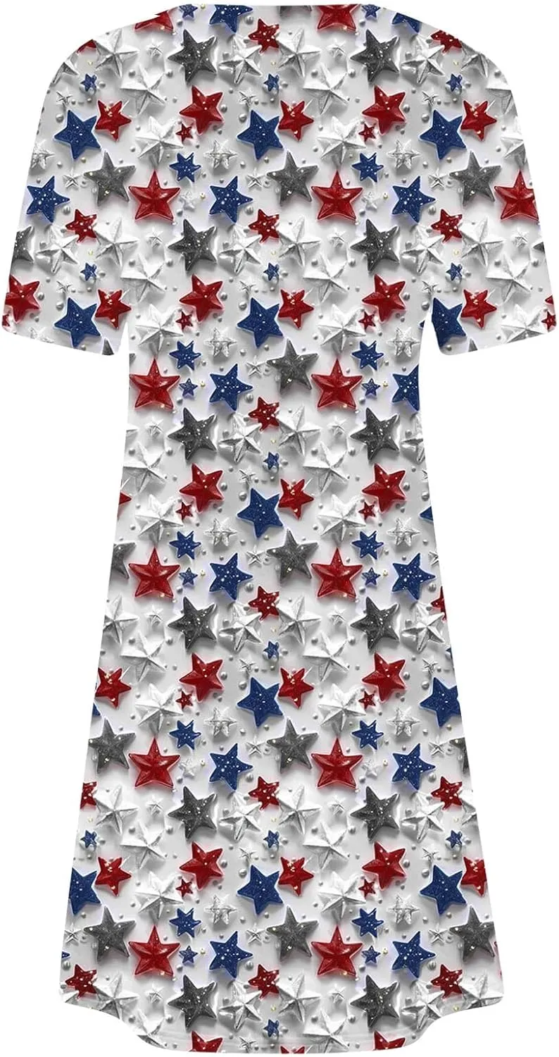 Women 4th of July Dresses American Flag Patriotic Short Sleeve Crewneck Casual Loose Fit Summer Dress
