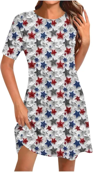 Women 4th of July Dresses American Flag Patriotic Short Sleeve Crewneck Casual Loose Fit Summer Dress