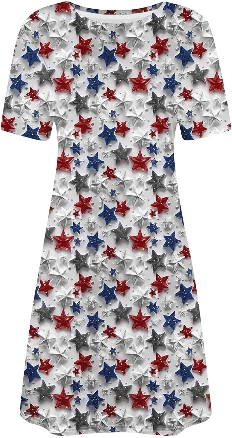 Women 4th of July Dresses American Flag Patriotic Short Sleeve Crewneck Casual Loose Fit Summer Dress