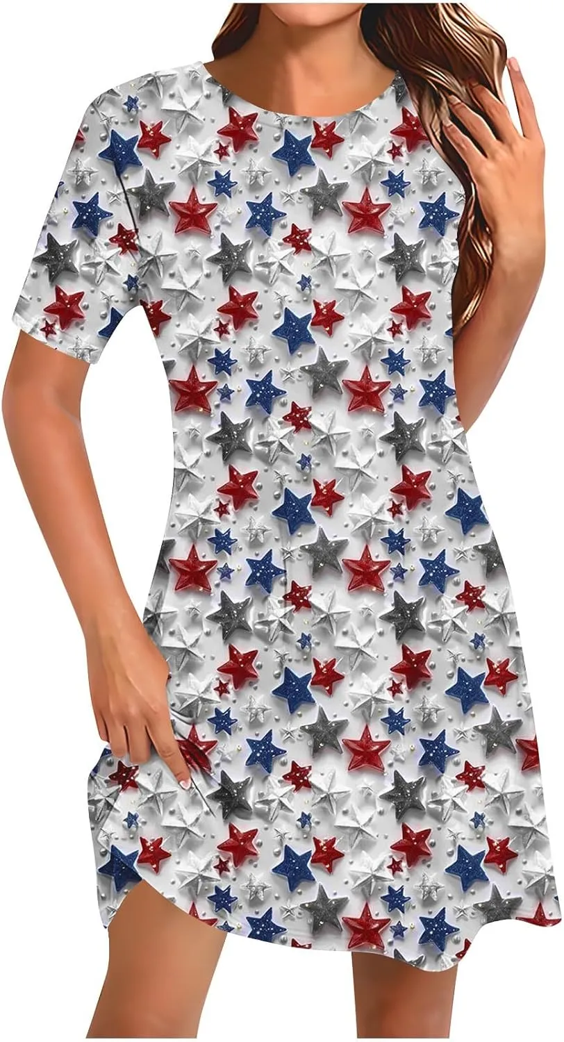 Women 4th of July Dresses American Flag Patriotic Short Sleeve Crewneck Casual Loose Fit Summer Dress