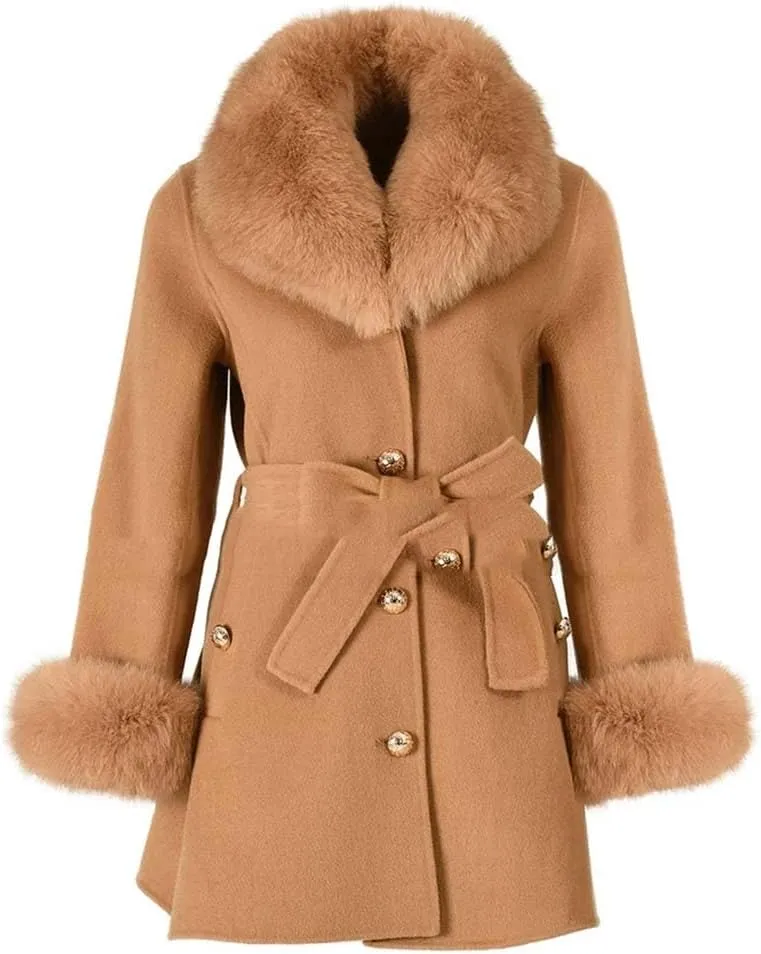 Women Autumn Winter Cashmere Coat Real Collar Cuffs Wool Blend Jacket Belt Slim Outerwear
