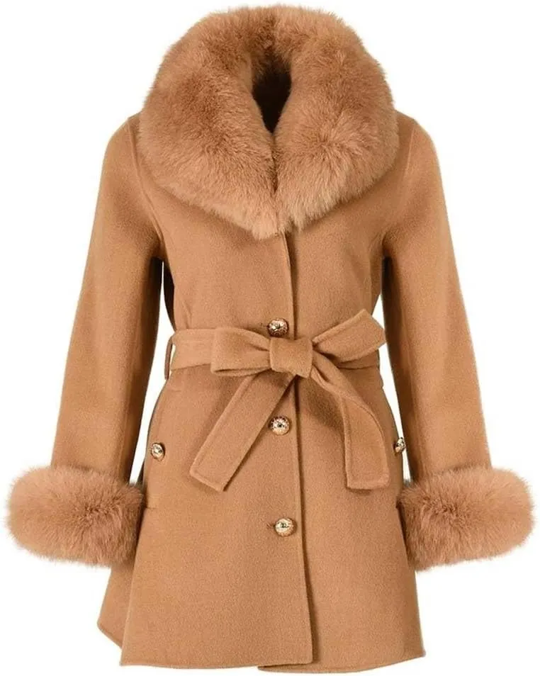 Women Autumn Winter Cashmere Coat Real Collar Cuffs Wool Blend Jacket Belt Slim Outerwear