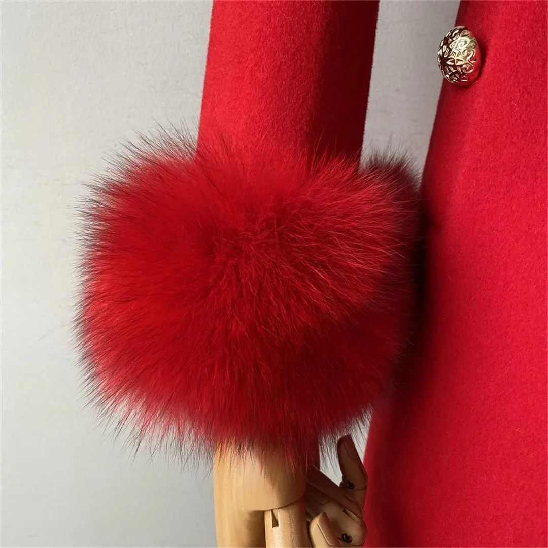 Women Autumn Winter Cashmere Coat Real Collar Cuffs Wool Blend Jacket Belt Slim Outerwear