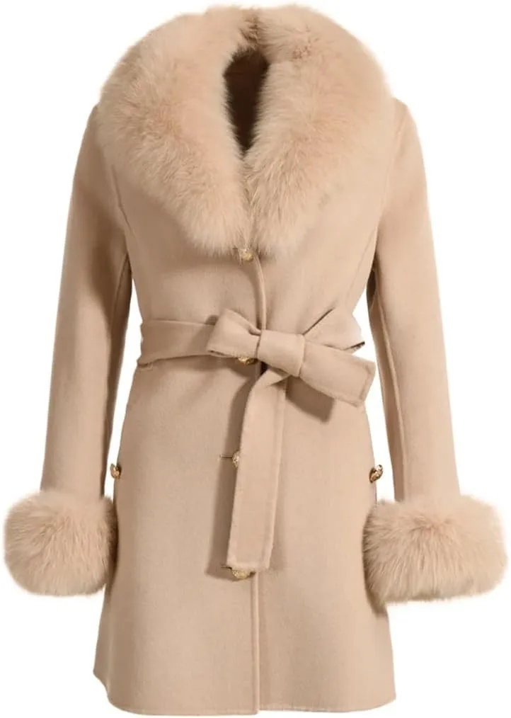 Women Autumn Winter Cashmere Coat Real Collar Cuffs Wool Blend Jacket Belt Slim Outerwear