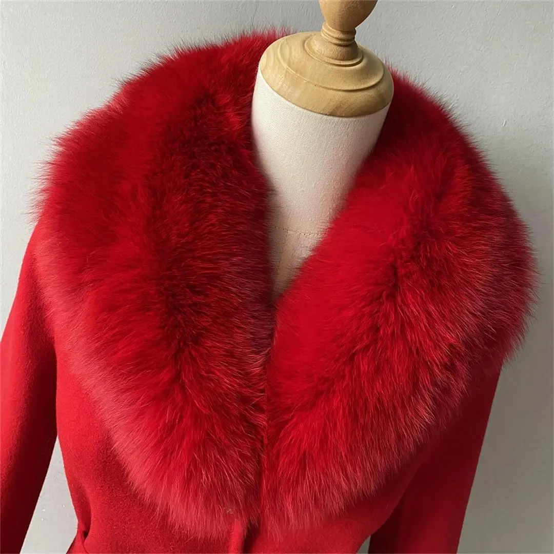 Women Autumn Winter Cashmere Coat Real Collar Cuffs Wool Blend Jacket Belt Slim Outerwear