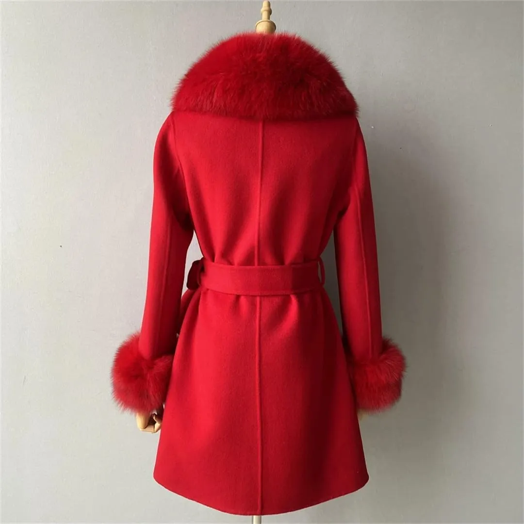Women Autumn Winter Cashmere Coat Real Collar Cuffs Wool Blend Jacket Belt Slim Outerwear