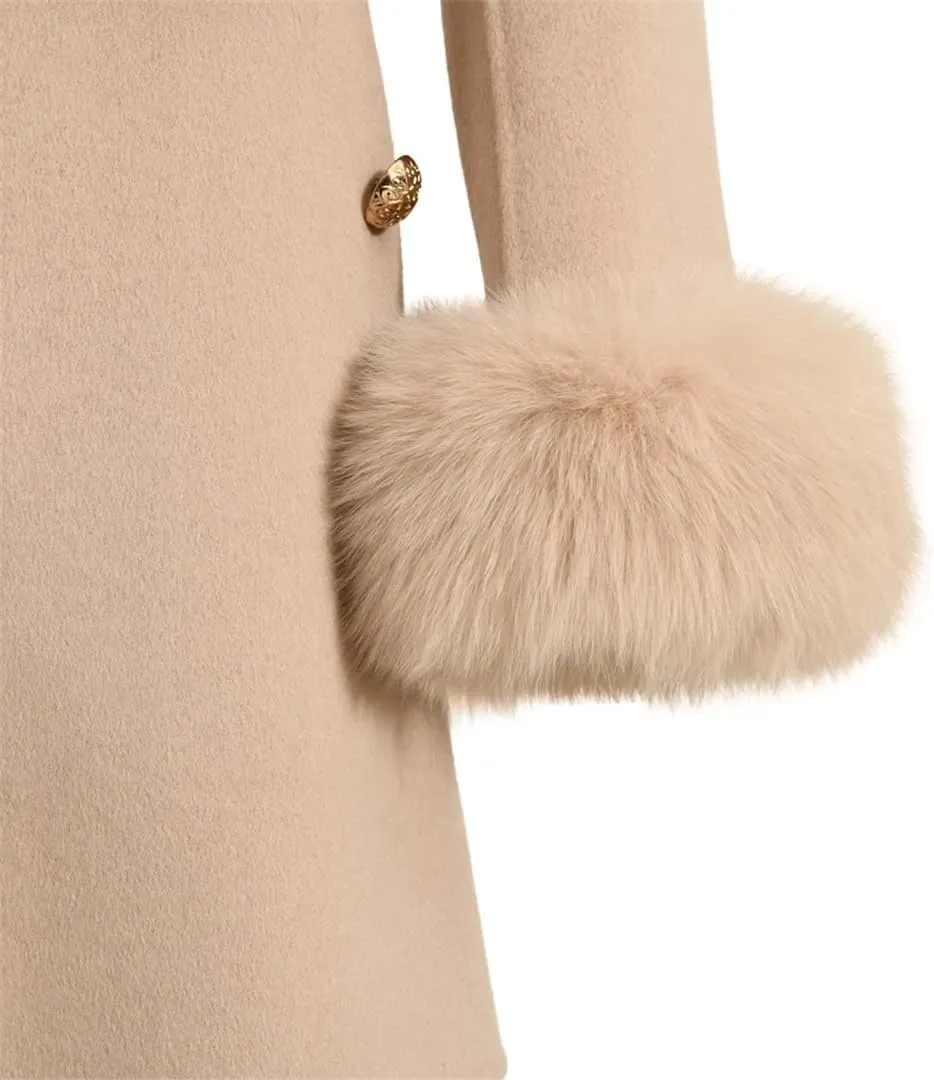 Women Autumn Winter Cashmere Coat Real Collar Cuffs Wool Blend Jacket Belt Slim Outerwear