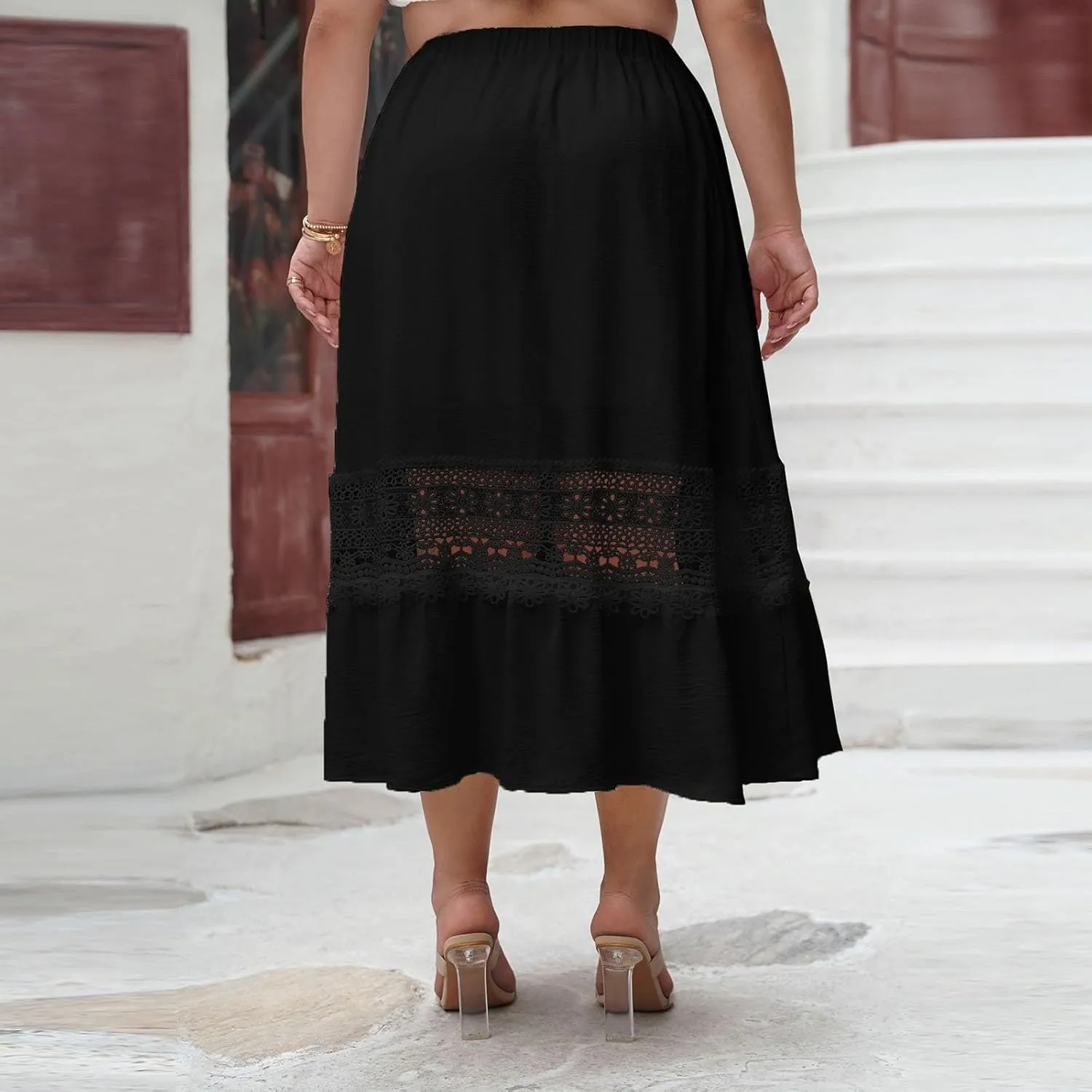 Women Boho Elastic High Waist Pleated A-line Skirt Lace Hollow Out Patchwork Plus Size Trim Tiered Midi Length Skirt