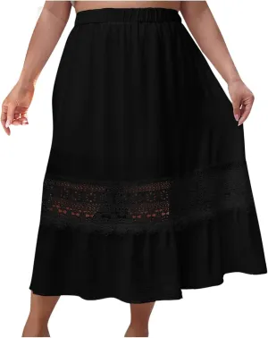 Women Boho Elastic High Waist Pleated A-line Skirt Lace Hollow Out Patchwork Plus Size Trim Tiered Midi Length Skirt