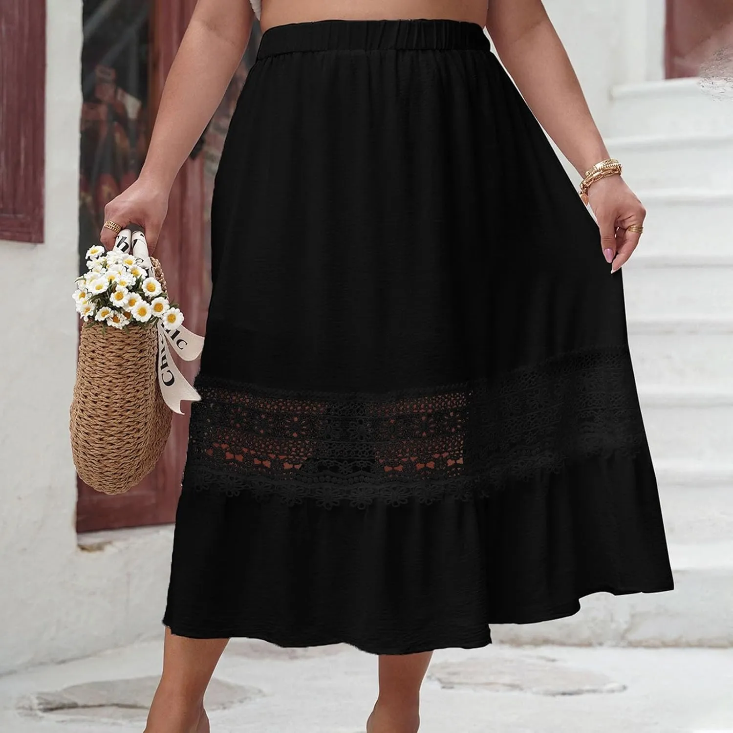 Women Boho Elastic High Waist Pleated A-line Skirt Lace Hollow Out Patchwork Plus Size Trim Tiered Midi Length Skirt