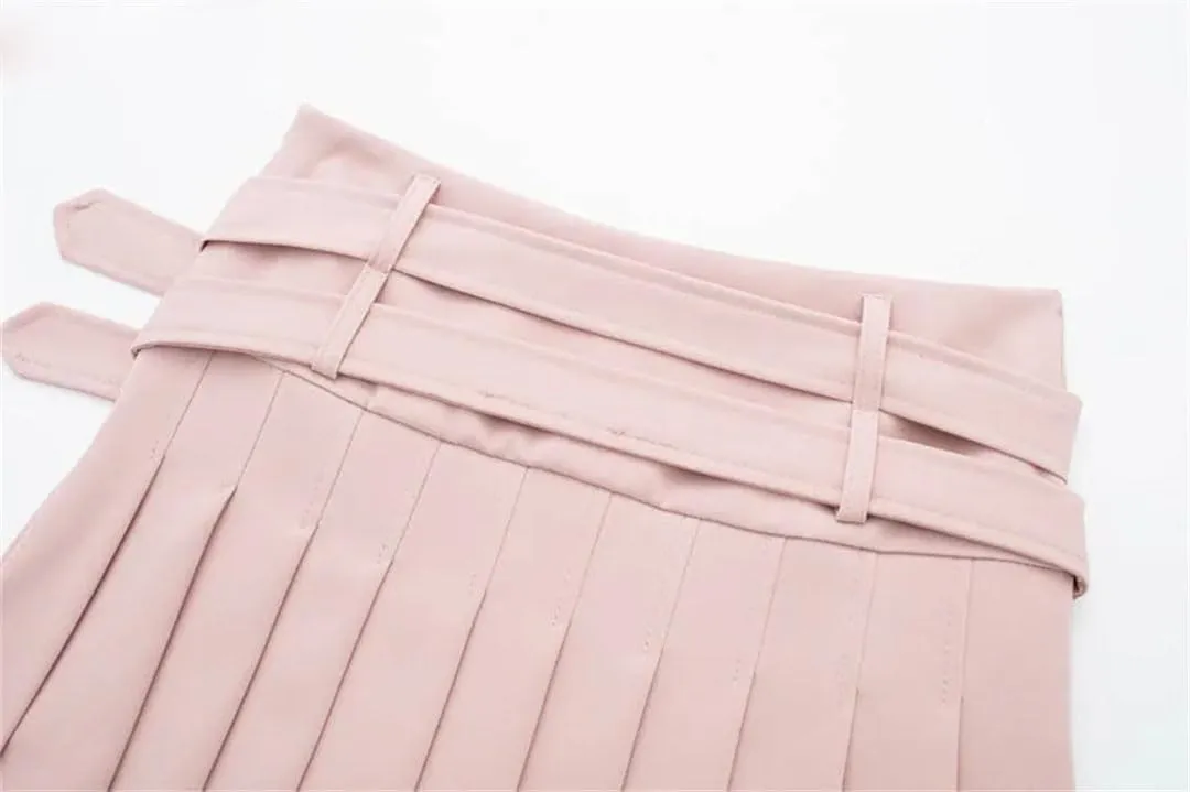 Women Button Double Belt Pleated Mini Skirts Black A-Line Culottes