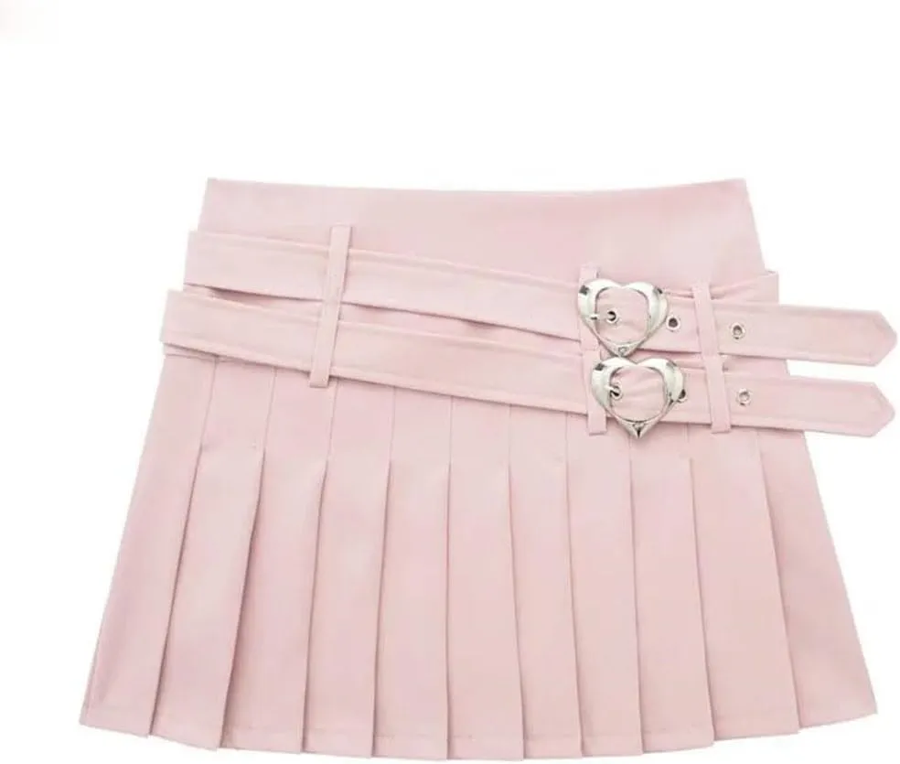 Women Button Double Belt Pleated Mini Skirts Black A-Line Culottes