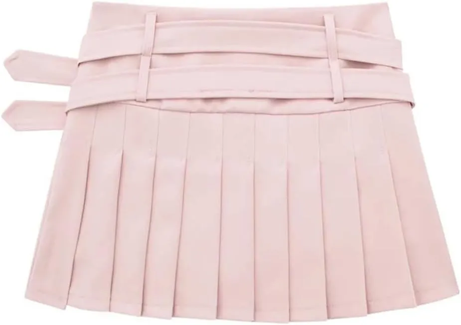 Women Button Double Belt Pleated Mini Skirts Black A-Line Culottes