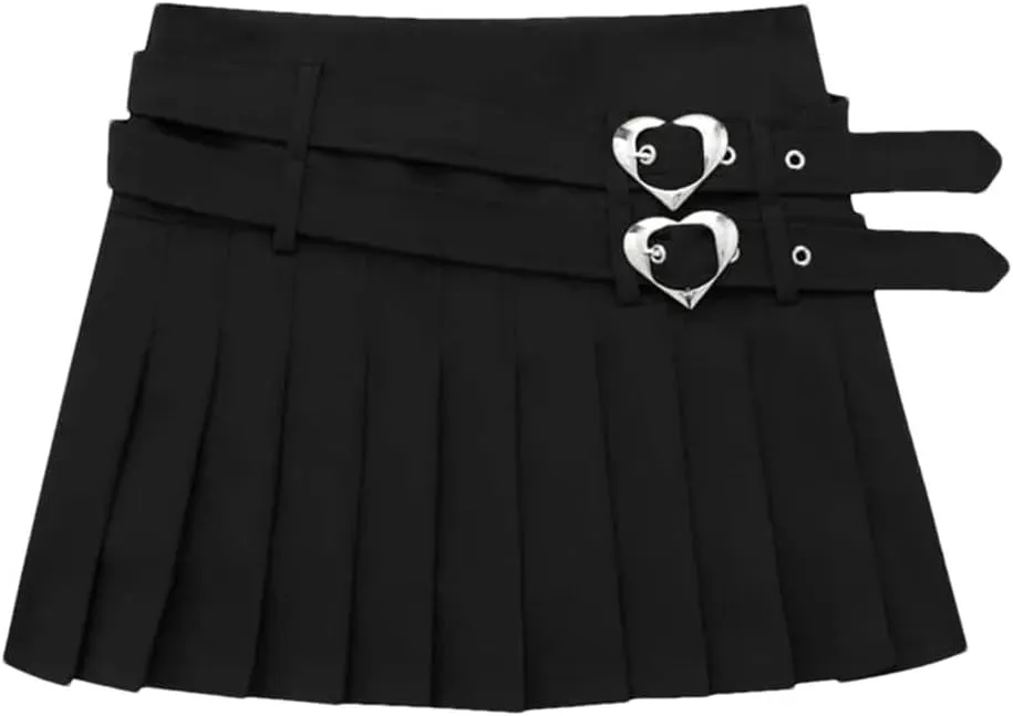 Women Button Double Belt Pleated Mini Skirts Black A-Line Culottes