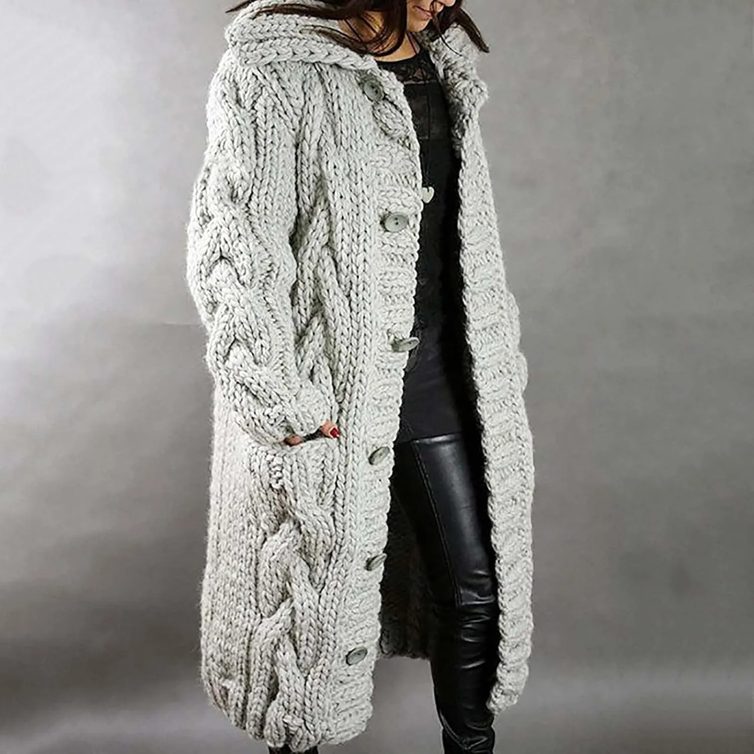 Women Chunky Knit Sweater Coats with Pockets Open Front Cardigan Sweaters Plus Size Long Overcoat Solid Winter Jacket