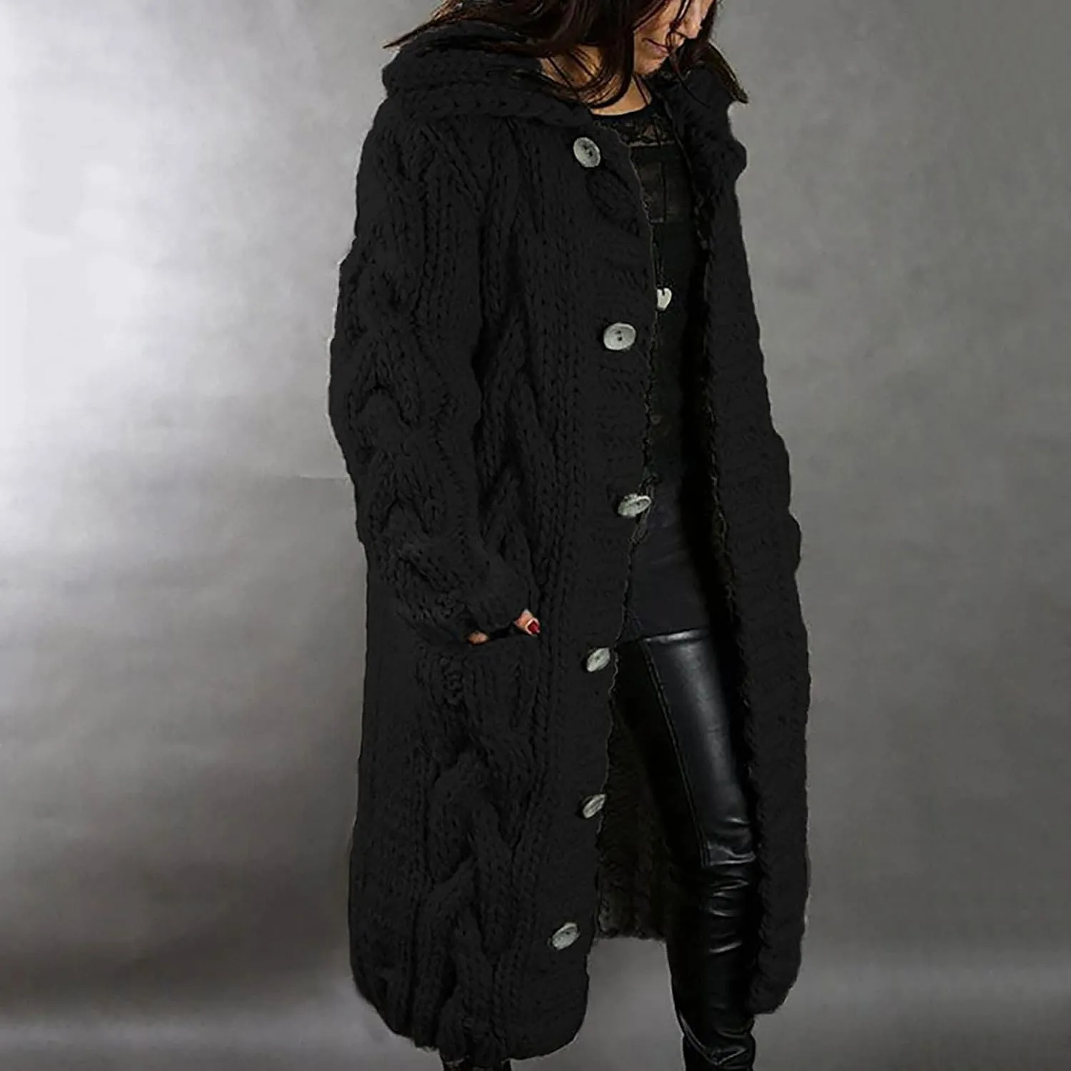 Women Chunky Knit Sweater Coats with Pockets Open Front Cardigan Sweaters Plus Size Long Overcoat Solid Winter Jacket