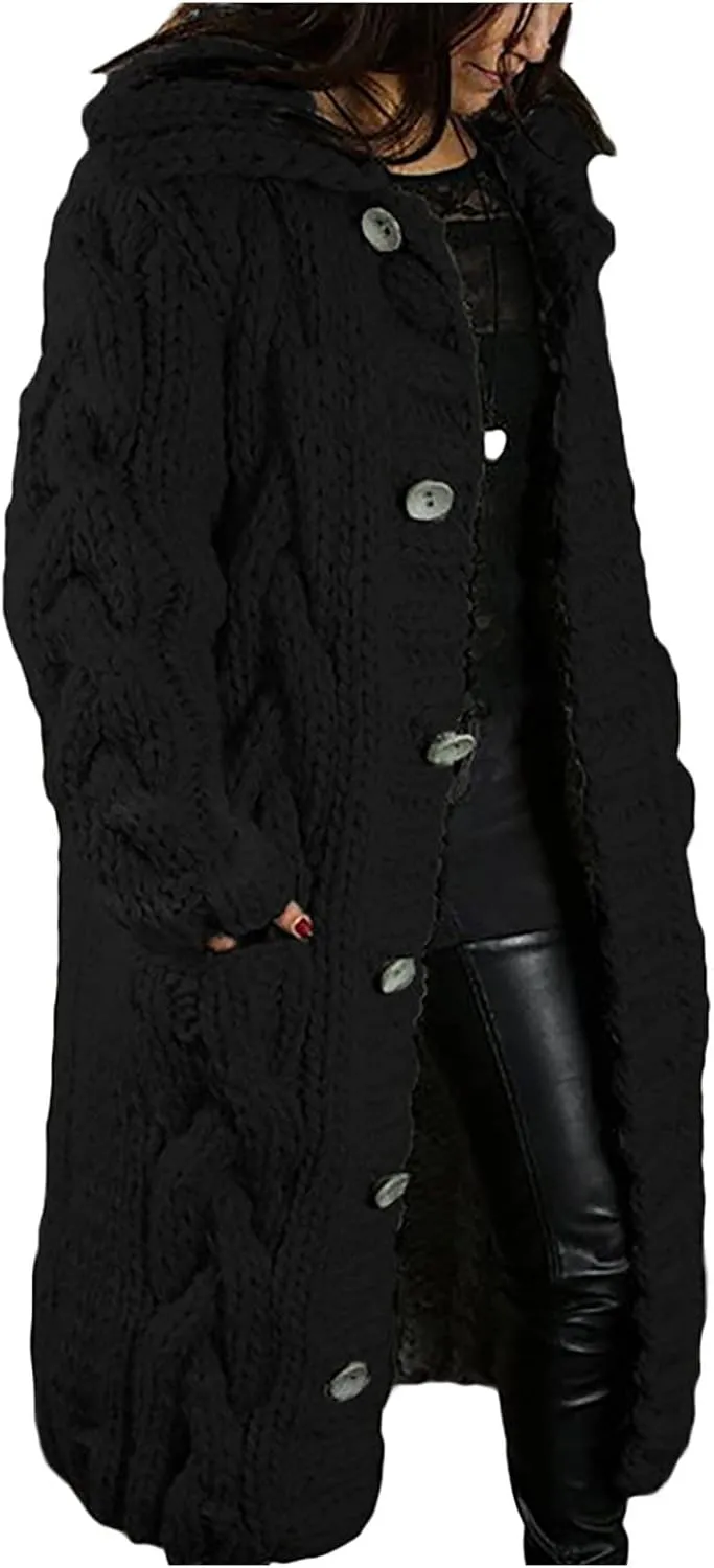 Women Chunky Knit Sweater Coats with Pockets Open Front Cardigan Sweaters Plus Size Long Overcoat Solid Winter Jacket