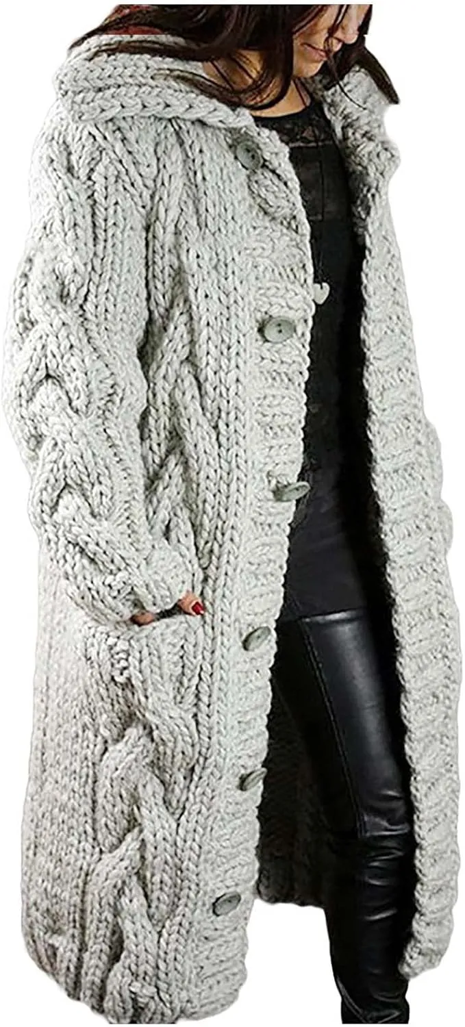 Women Chunky Knit Sweater Coats with Pockets Open Front Cardigan Sweaters Plus Size Long Overcoat Solid Winter Jacket