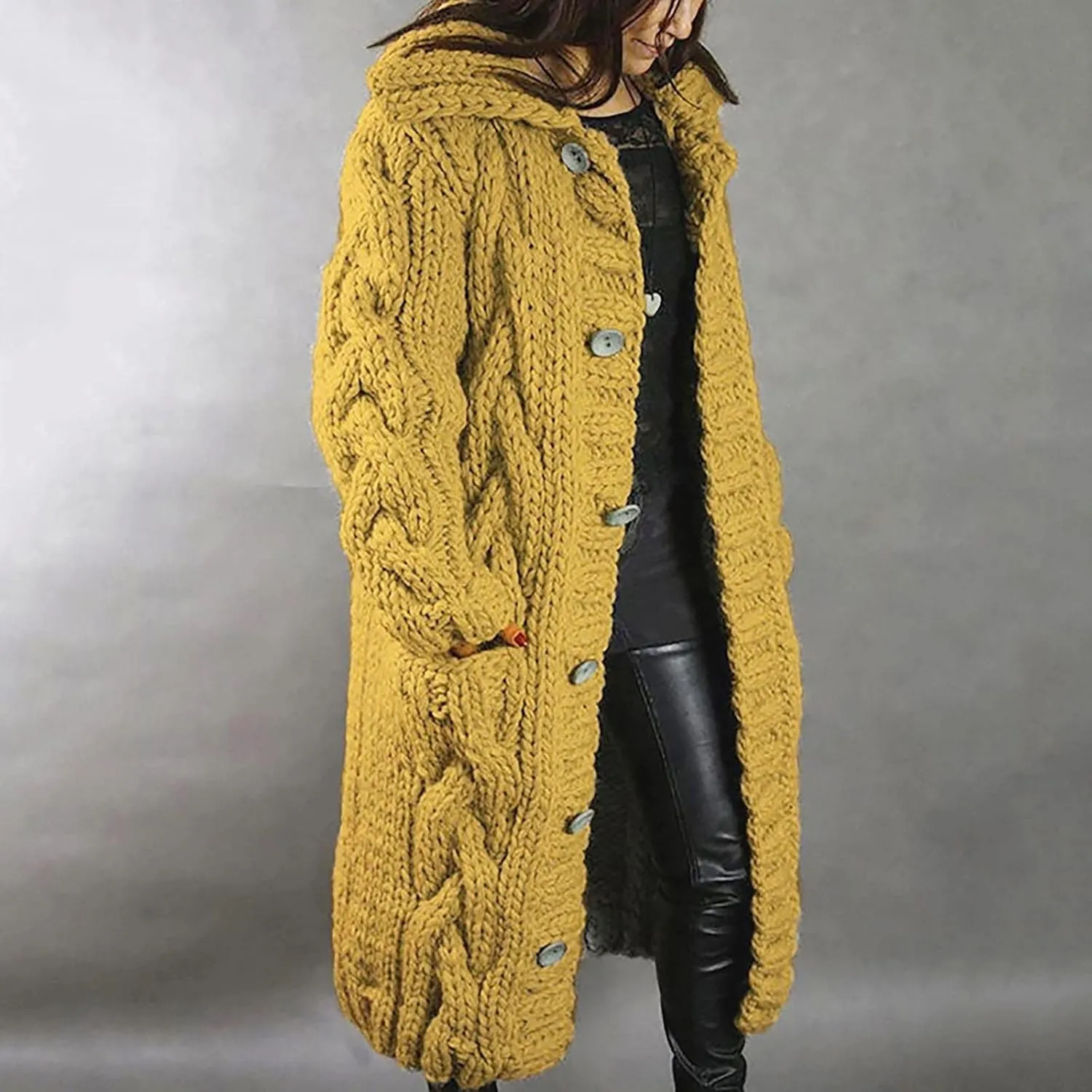Women Chunky Knit Sweater Coats with Pockets Open Front Cardigan Sweaters Plus Size Long Overcoat Solid Winter Jacket