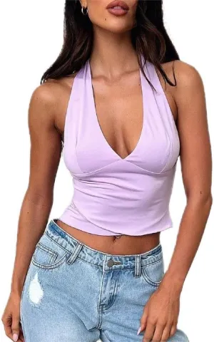 Women Deep Plunge V Neck Tops Y2k Tie Back Halter Crop Top Backless Slim Fit Going Out Top Corset Cami Tank Top
